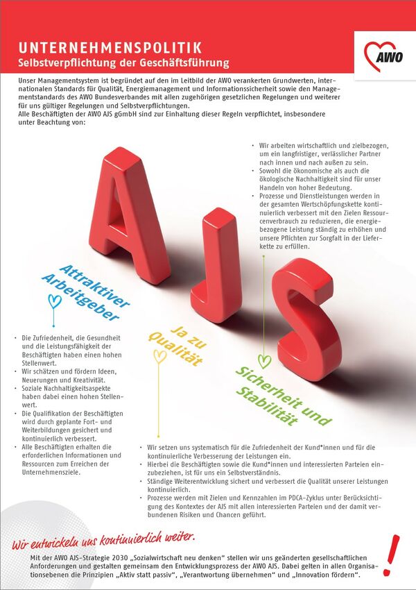 Plakat, was die Unternehmenspolitik beschreibt, mit großen roten A J S Lettern in der Mitte