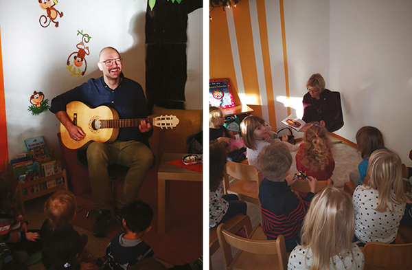 Vorlesezeit mit Tobias Niebergall, der auch seine Gitarre dabei hatte, und der stellv. Landrätin Sylke Niebur